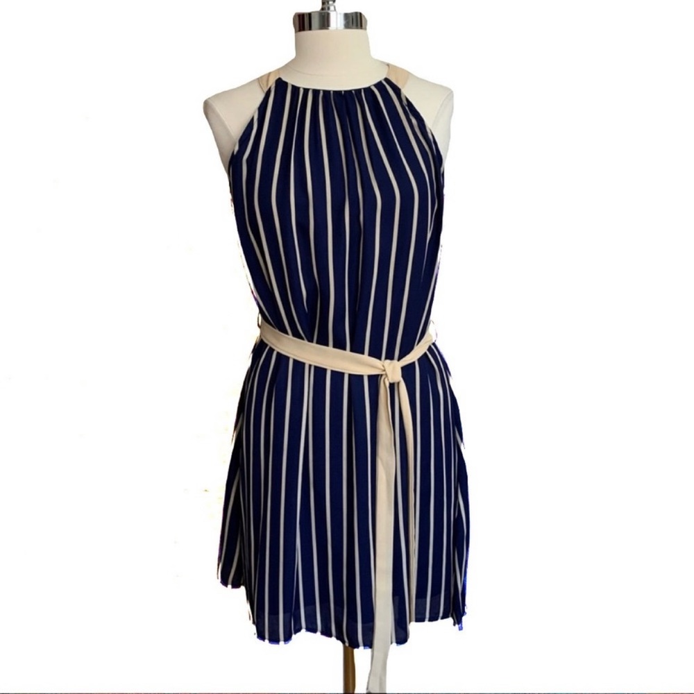 YA LOS ANGELES Dress Navy Halter Size Large Striped Tied Belt Blue